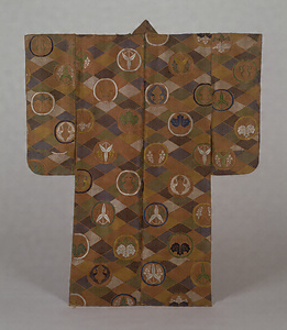 Atsuita (Noh costume) Nested lozenge and scattered crests design on red ground