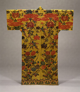 Garment in "Bingata" Stencil Dyeing, Chrysanthemum, peony, cloud, and magpie design on yellow cotton ground