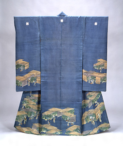 "Furisode" (Garment with long sleeves), Design of tea-picking scenes on a blue "habutae"-silk ground