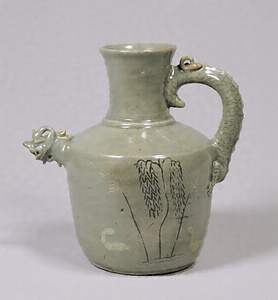 Vase with Dragon-shaped Spout, Celadon glaze with cattail, willow, and water fowl design in inlay