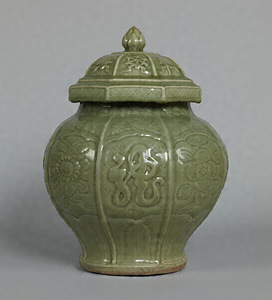 Octagonal Covered Jar Carved flower design and celadon glaze