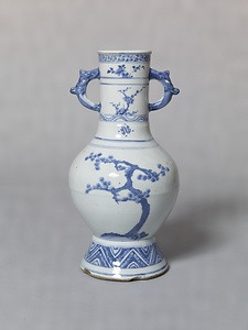 Flower Vase with Two Handles Pine tree design in underglaze blue
