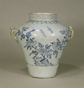 Jar with Two Handles Flower and bird design in underglaze blue