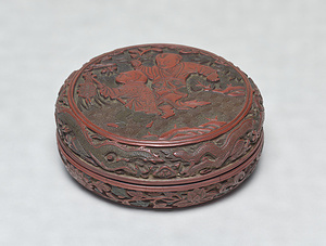 Incense Container Chinese children design in carved colored lacquer