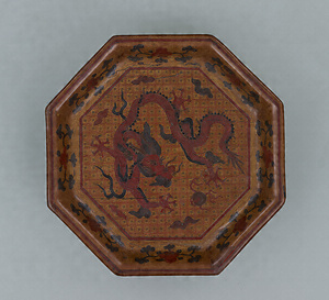 Octagonal Tray with a Dragon Lacquer coating inlaid with lacquer and gold