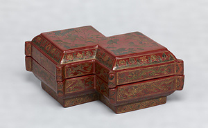 Box in the Shape of Two Diamonds with Children Lacquer coating inlaid with lacquer and gold