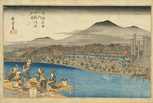 “Enjoying the Evening Cool at the Riverside of Shijō” from the Series [Famous Places of Kyoto]