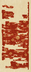 Fragment of Ban (Buddhist Ritual Banner) "Banner Leg" With shichiyo roundels design in kokechi (tie-dyeing) on red ground