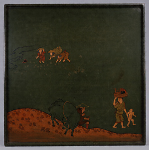 [Oshiki] (Dining trays) Design of rice planting and harvesting scenes in lacquer painting