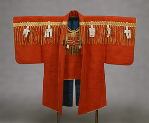 Kaji Shozoku (Suit worn at the Scene of a Fire) for Women Sacred Shinto boundary rope design on red wool ground