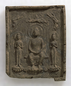 Clay Relief Tile with an Image of a Buddha Triad