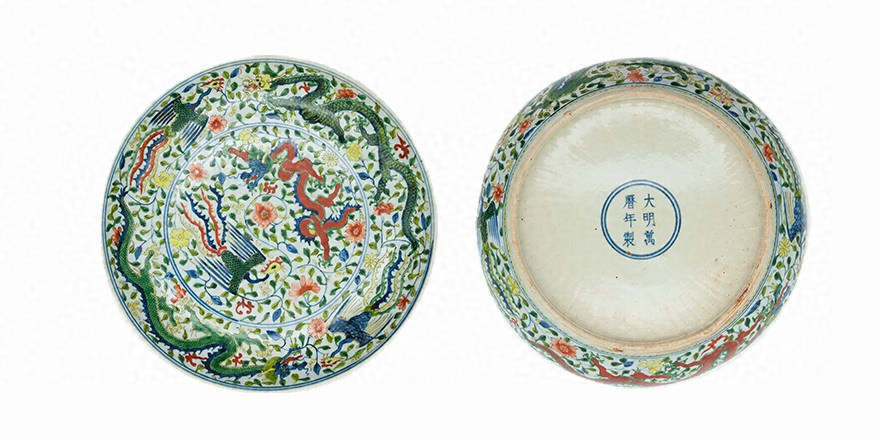 大人気新品 中国 大萬暦年製 八角形深鉢 五本爪龍鳳凰魚紋 時代 1472 