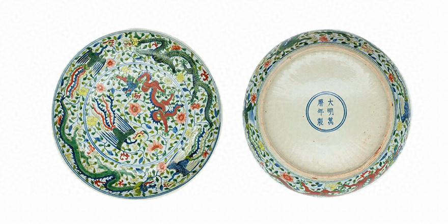 売筋品『明・嘉靖年製款・古陶磁器・五彩龍鳳紋嵌銅双耳大罐・箱付』極細工・古賞物・中国古玩・中国古美術 明