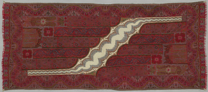 カシミヤ・ショール　赤縞地立木ペイズリー文様綴織縫い合わせ