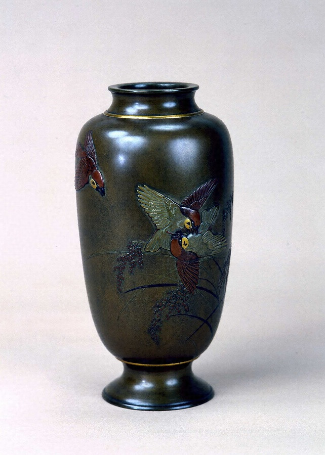 高岡銅器 儀清造 蝋型鋳銅 一輪生 稲穂に雀 花瓶 華道具 骨董美術品 