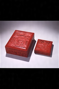 Covered Box and Inkstone Box with Screen Design of Landscape