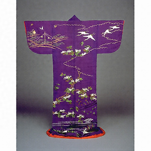 袷 紫絹縮地樹木に鶴雀文様刺繍