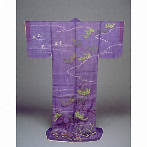 単衣 紫生絹地松に帆舟文様刺繍