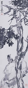 孤禽柏樹図（白頭翁と柏）