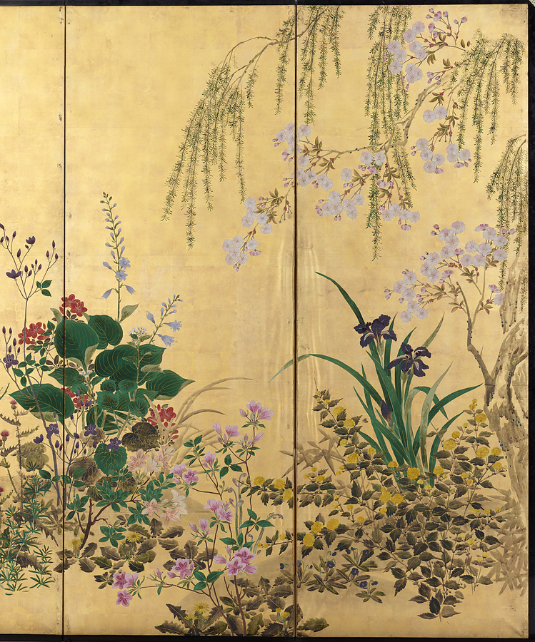 尾形光琳、四季草花図屏風、超希少・大判画集画、新品高級額装付