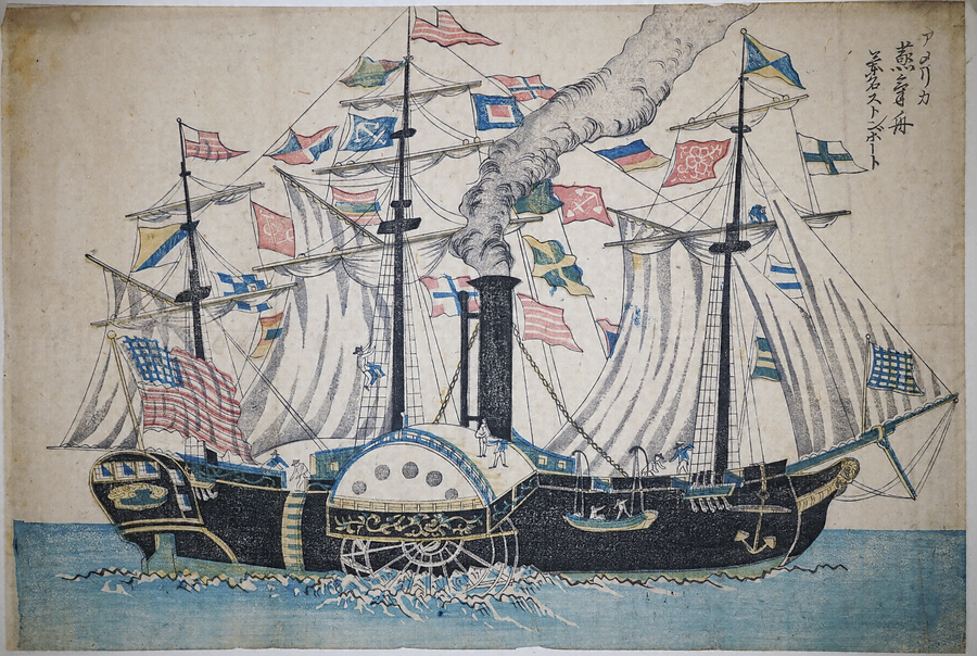 送料無料 19世紀末～20世紀初 銅板画 蒸気船の港風景 直筆サイン