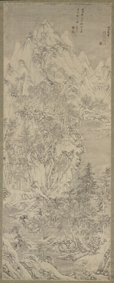 日本格安◆旧蔵◆古美術 　真筆　中国書画 明代画家　文伯仁 山水 掛け軸　立軸　絹本　肉筆保證 A8 掛軸