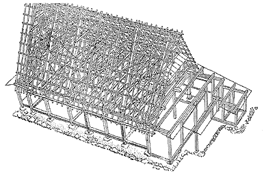 2-4. Roof-framing: sujikai (diagonal braces) are constructed on the inside of the roof surface.